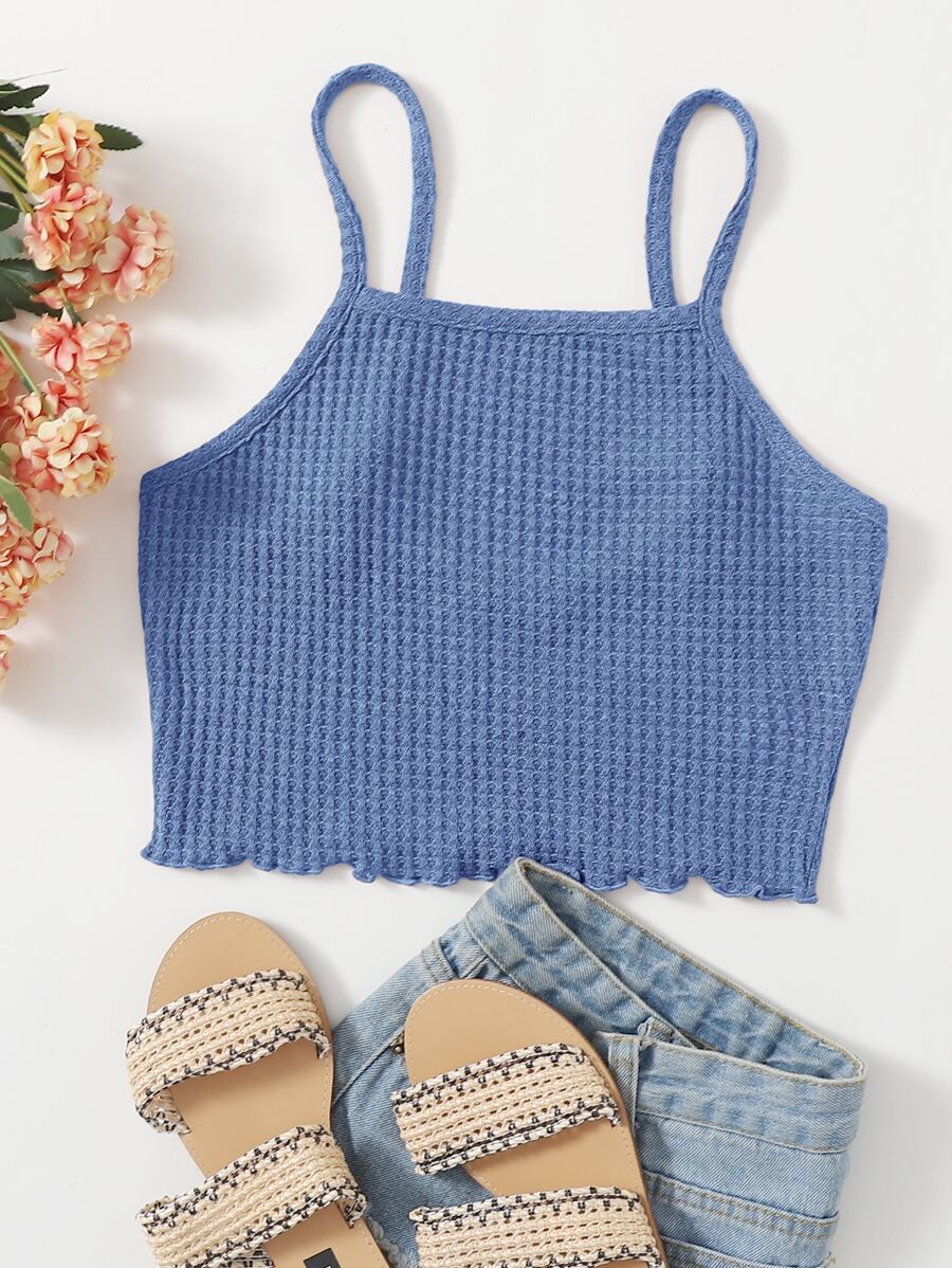 SHEIN EZwear Lettuce Trim Waffle Knit Cami Top - Blue - View 1