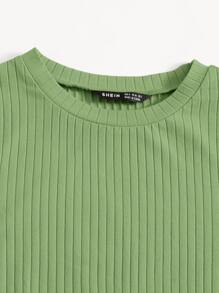 SHEIN EZwear Solid Lettuce Trim Rib-knit Tee - Lime Green - View 3