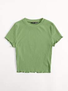 SHEIN EZwear Solid Lettuce Trim Rib-knit Tee - Lime Green - View 4