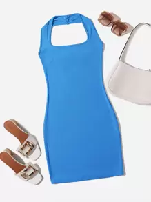 SHEIN EZwear Solid Rib-knit Backless Dress - Blue - View 1