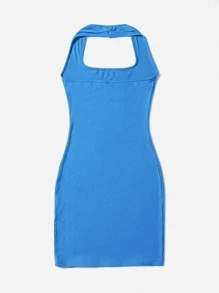 SHEIN EZwear Solid Rib-knit Backless Dress - Blue - View 2