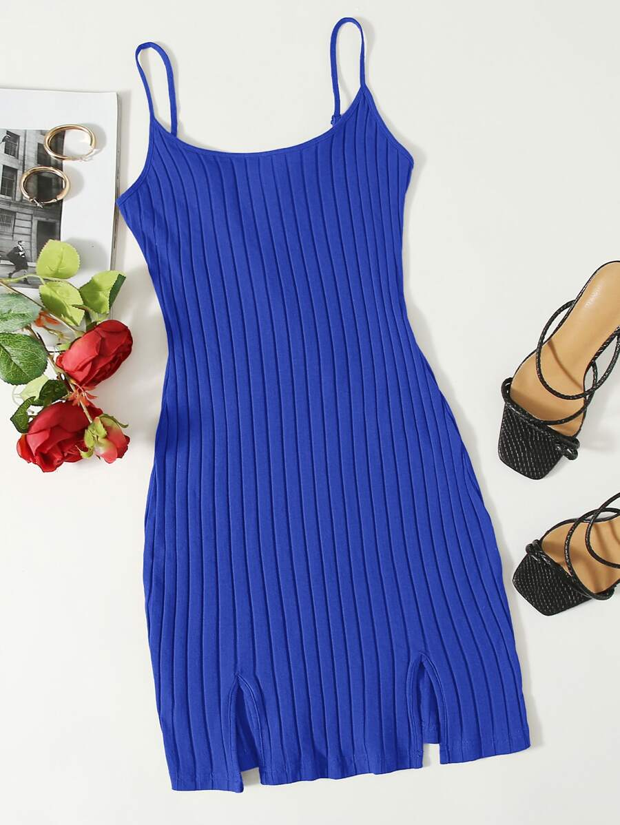 SHEIN EZwear Đầm Chia Gân đan màu trơn Gợi cảm - Xanh đậm - Xem 1