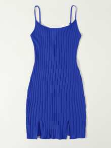 SHEIN EZwear Đầm Chia Gân đan màu trơn Gợi cảm - Xanh đậm - Xem 3