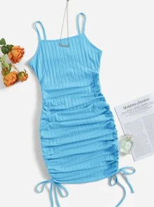 SHEIN EZwear Drawstring Side Rib-knit Dress - Blue - View 1