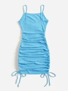 SHEIN EZwear Drawstring Side Rib-knit Dress - Blue - View 2