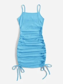 SHEIN EZwear Drawstring Side Rib-knit Dress - Blue - View 3