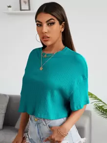 SHEIN EZwear Áo thun nữ Gân đan màu trơn Giải trí - Màu xanh bạc hà - Xem 4