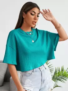 SHEIN EZwear Áo thun nữ Gân đan màu trơn Giải trí - Màu xanh bạc hà - Xem 5