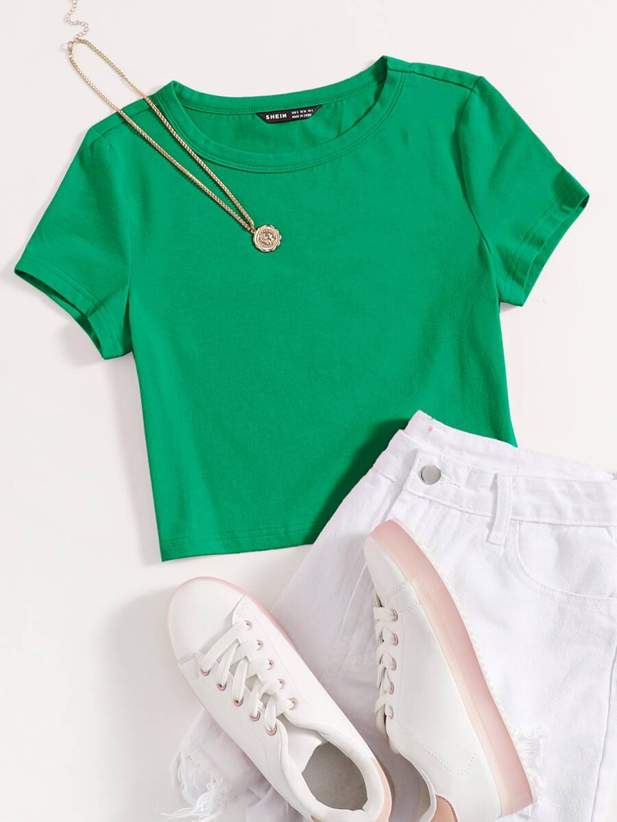 SHEIN EZwear Áo thun nữ màu trơn Giải trí - màu xanh lá - Xem 1