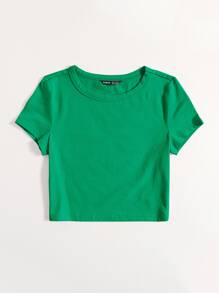 SHEIN EZwear Áo thun nữ màu trơn Giải trí - màu xanh lá - Xem 3