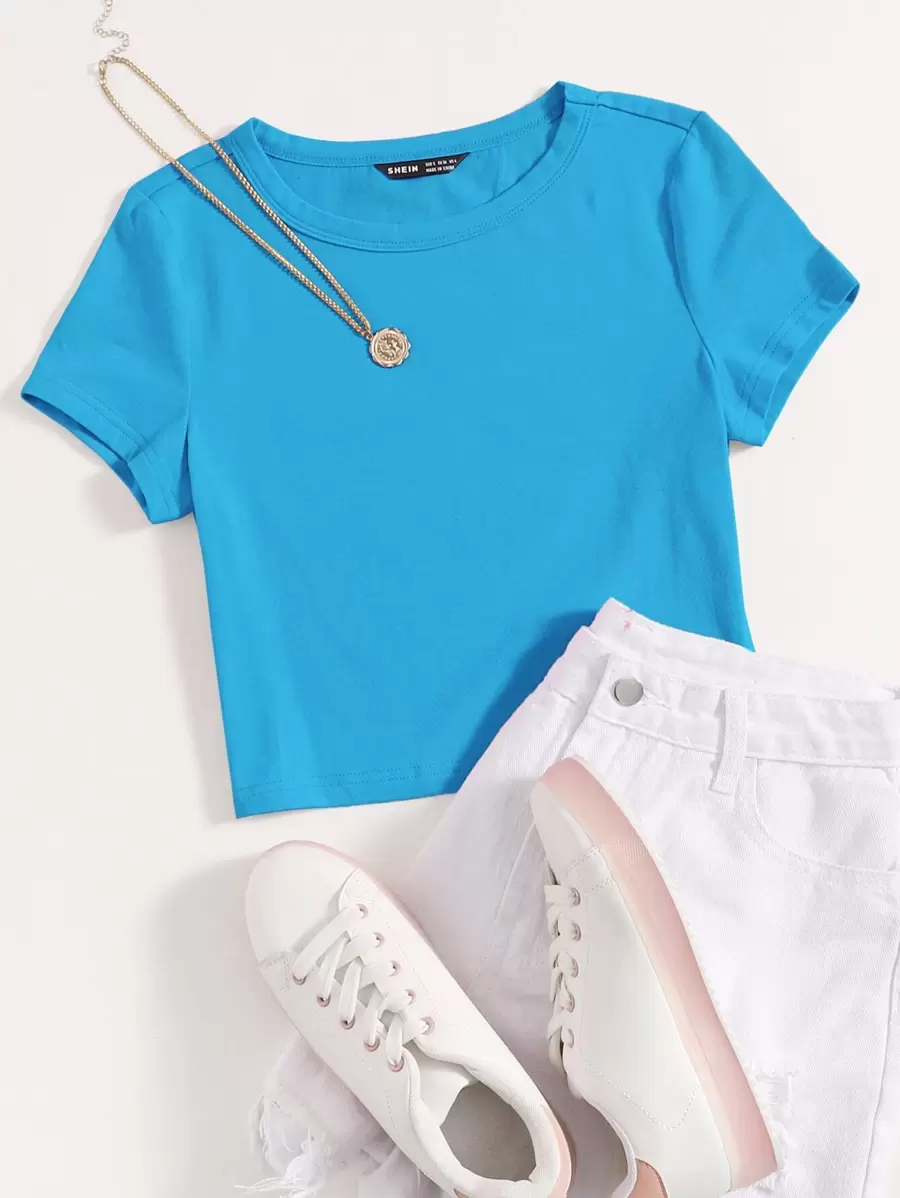 SHEIN EZwear Áo thun nữ màu trơn Giải trí - Màu xanh bạc hà - Xem 1