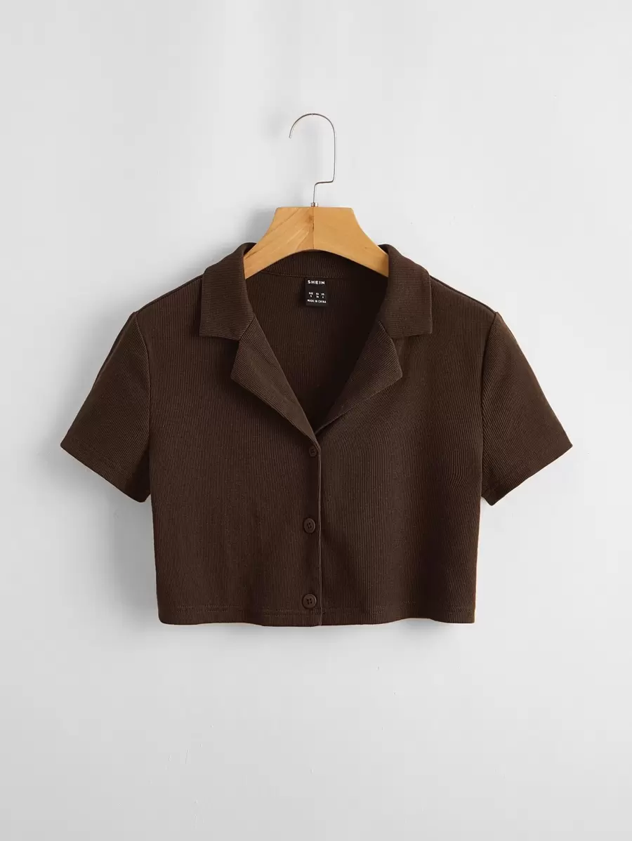 SHEIN EZwear Camiseta con botón de cuello con solapa - Café integral - Ver 1