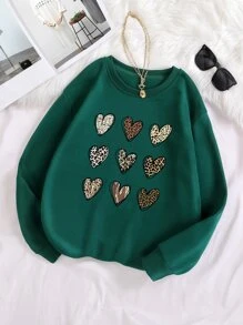 SHEIN Essnce Plus Leopard & Heart Print Thermal Lined Sweatshirt - Dark Green - View 1