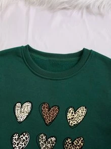 SHEIN Essnce Plus Leopard & Heart Print Thermal Lined Sweatshirt - Dark Green - View 3
