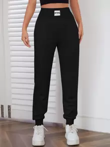 SHEIN EZwear Pantalones deportivos con diseño de parche de letra - Negro - Ver 1
