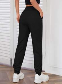 SHEIN EZwear Pantalones deportivos con diseño de parche de letra - Negro - Ver 2