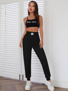 SHEIN EZwear Pantalones deportivos con diseño de parche de letra - Negro - Ver 3