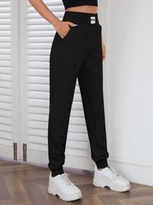SHEIN EZwear Pantalones deportivos con diseño de parche de letra - Negro - Ver 4