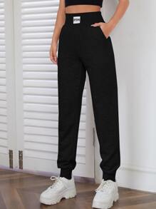 SHEIN EZwear Pantalones deportivos con diseño de parche de letra - Negro - Ver 5