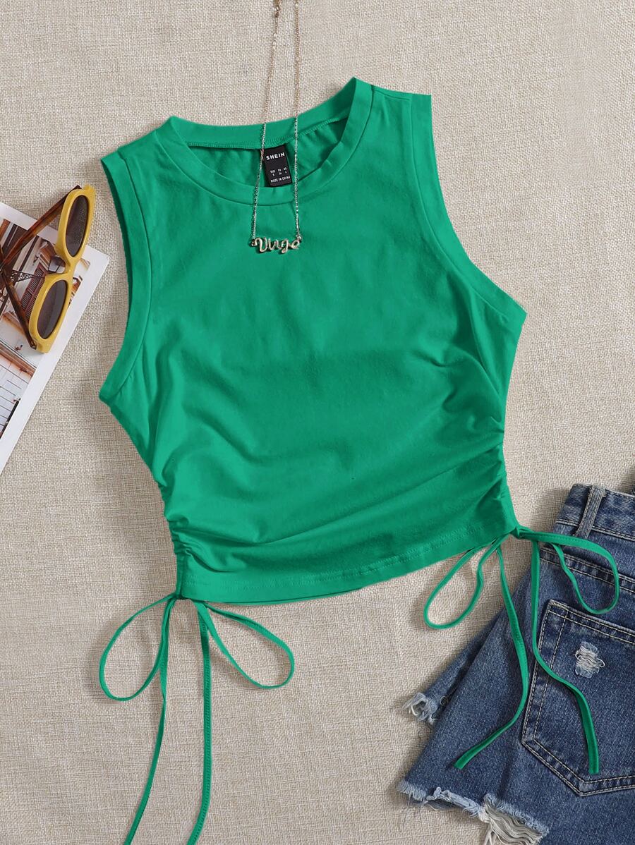 SHEIN EZwear Women's Solid Color Casual Versatile Round Neck Drawstring Tank Top - Green - View 1
