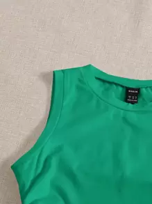 SHEIN EZwear Women's Solid Color Casual Versatile Round Neck Drawstring Tank Top - Green - View 3