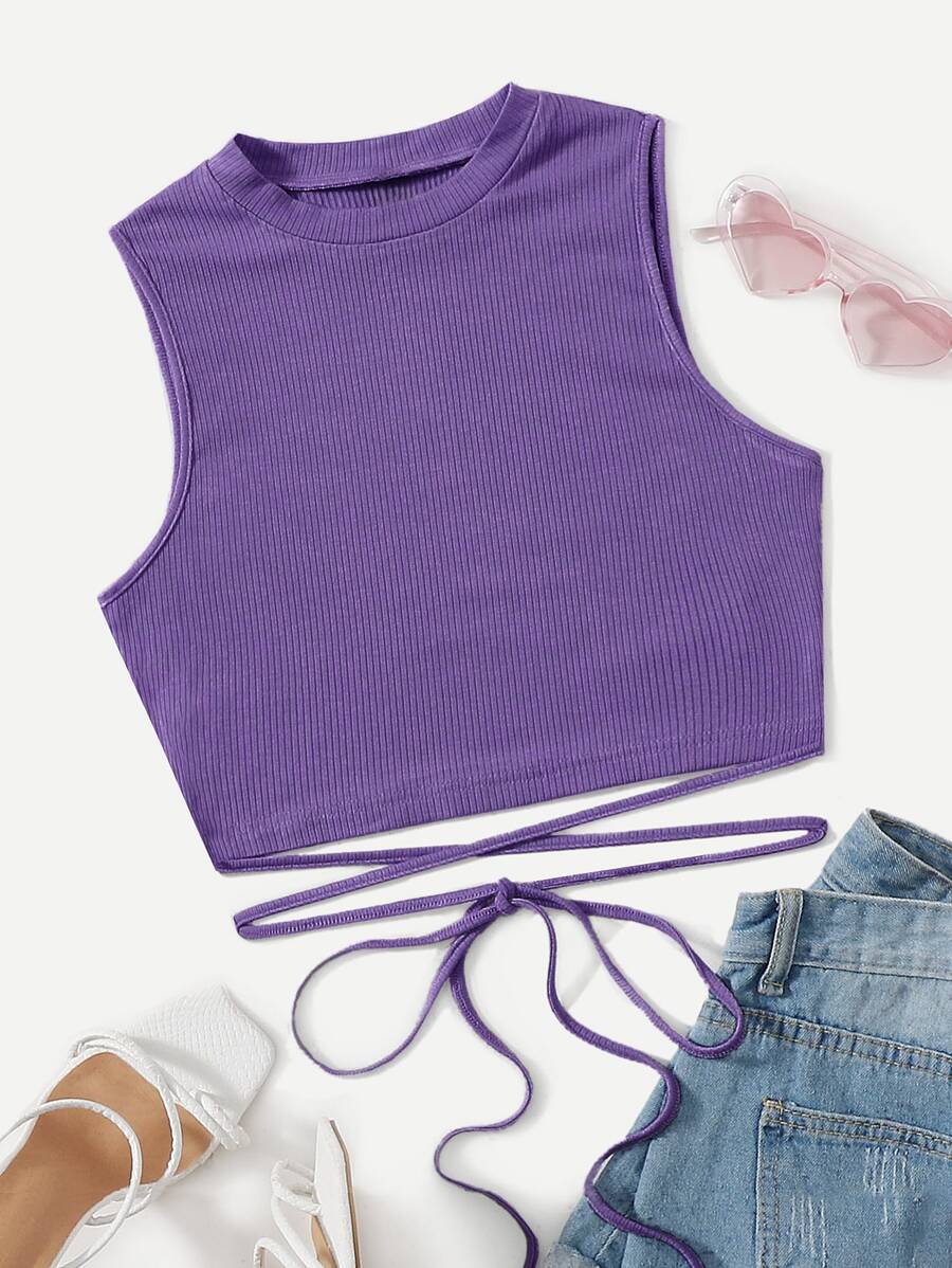 SHEIN EZwear 十字交叉後綁帶短款背心 - 紫羅蘭色 - 查看 1