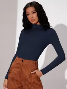 SHEIN BAE Mock Neck Long Sleeve Bodysuit - Navy Blue - View 1