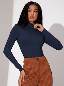 SHEIN BAE Mock Neck Long Sleeve Bodysuit - Navy Blue - View 4
