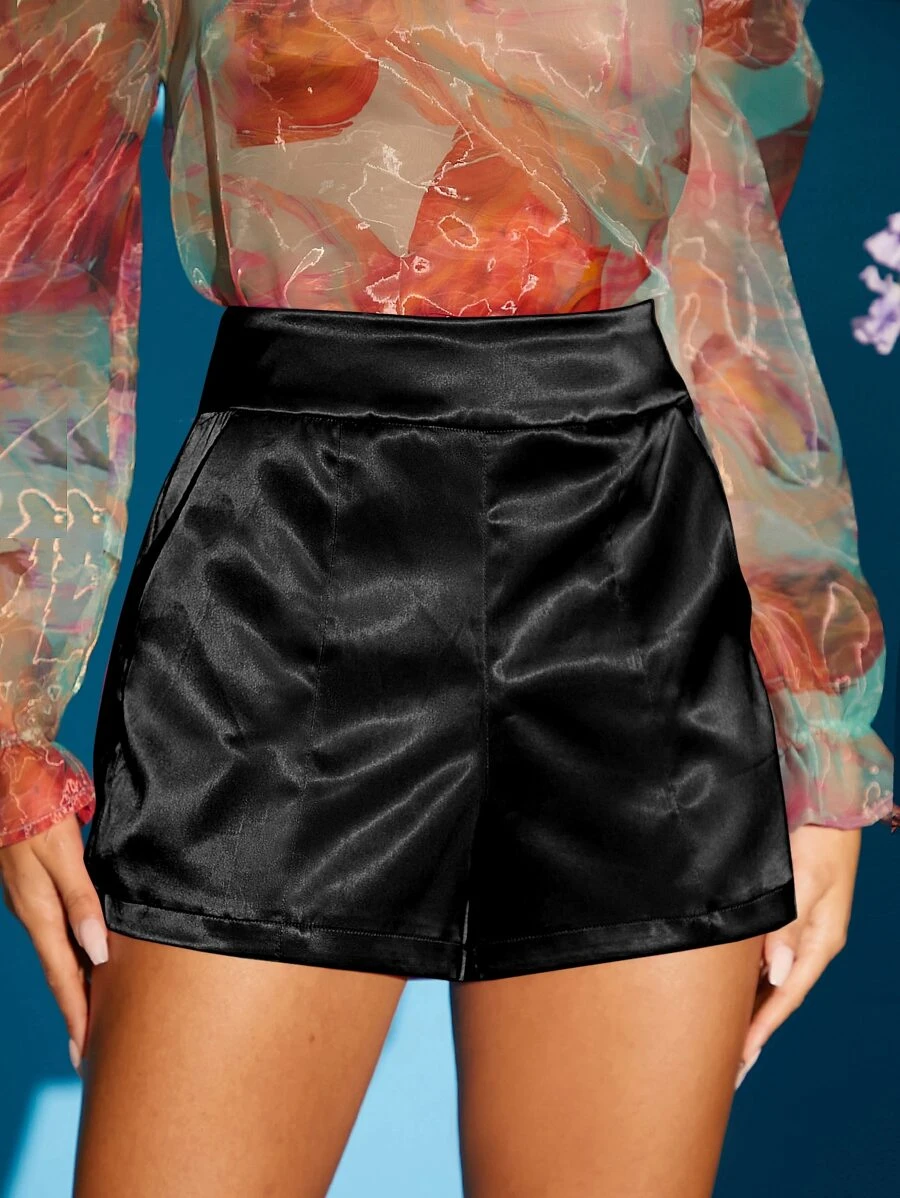 SHEIN BAE Quần đùi nữ Dây kéo màu trơn Giải trí - màu đen - Xem 1