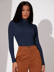 SHEIN BAE Mock Neck Long Sleeve Bodysuit - Navy Blue - View 7