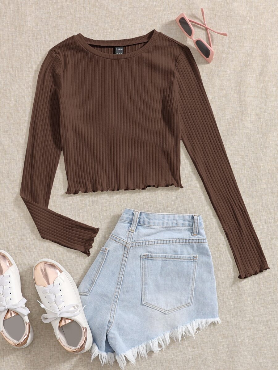 SHEIN EZwear Lettuce Trim Solid Top - Coffee Brown - View 1