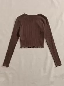 SHEIN EZwear Lettuce Trim Solid Top - Coffee Brown - View 2