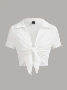 Comfortcana 夏季外出白色翻领生菜边结前短款性感上衣 - 白色 - 查看 5