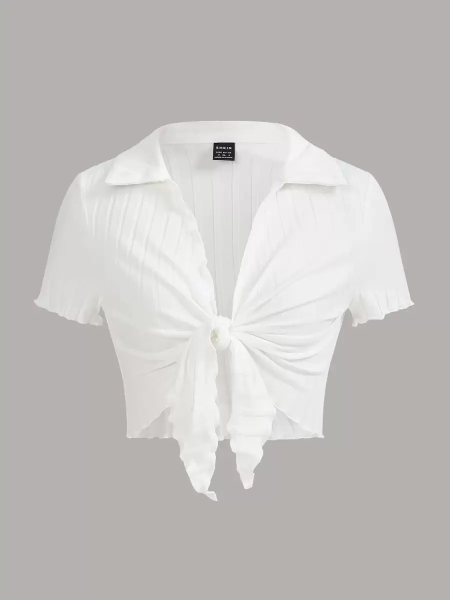 SHEIN EZwear Жіноча футболка великих розмірів однотонного кольору з коміром-лацканом, обробкою рюшами та вузлуватим елементом - Білий - Переглянути 1
