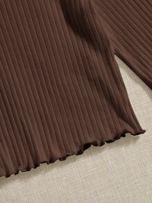 SHEIN EZwear Lettuce Trim Solid Top - Coffee Brown - View 5