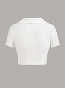 Comfortcana 夏季外出白色翻领生菜边结前短款性感上衣 - 白色 - 查看 4