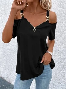 SHEIN LUNE Chain Detail Cold Shoulder O-ring Zipper Front Blouse - Black - View 3