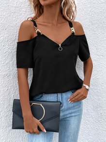 SHEIN LUNE Chain Detail Cold Shoulder O-ring Zipper Front Blouse - Black - View 4