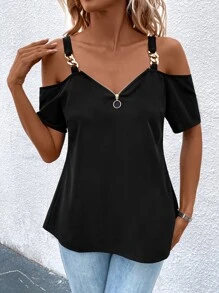 SHEIN LUNE Chain Detail Cold Shoulder O-ring Zipper Front Blouse - Black - View 5