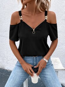 SHEIN LUNE Chain Detail Cold Shoulder O-ring Zipper Front Blouse - Black - View 6