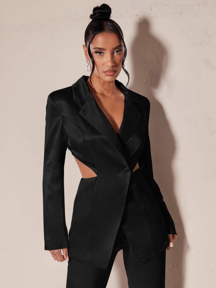 SHEIN BAE Cut Out Waist Single Button Satin Blazer - Black - View 1