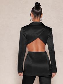 SHEIN BAE Cut Out Waist Single Button Satin Blazer - Black - View 2