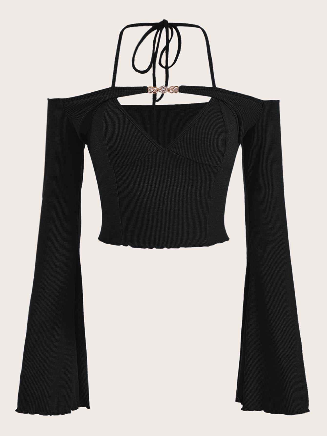 SHEIN ICON Lettuce Trim Cut Out Flounce Sleeve 2 In 1 Crop Tee - Black - View 1