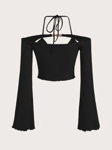 SHEIN ICON Lettuce Trim Cut Out Flounce Sleeve 2 In 1 Crop Tee - Black - View 2