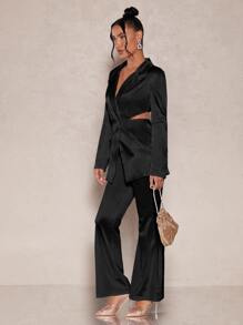 SHEIN BAE Cut Out Waist Single Button Satin Blazer - Black - View 5