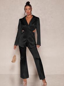 SHEIN BAE Cut Out Waist Single Button Satin Blazer - Black - View 6