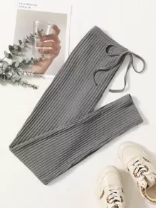 SHEIN EZwear 前打結條紋針織緊身打底褲 - 灰色 - 查看 1