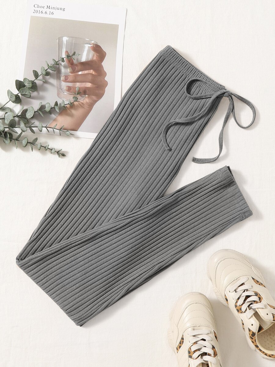 SHEIN EZwear 前打結條紋針織緊身打底褲 - 灰色 - 查看 1