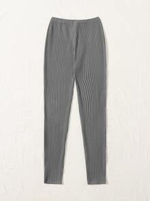 SHEIN EZwear 前打結條紋針織緊身打底褲 - 灰色 - 查看 2