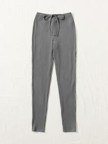 SHEIN EZwear 前打結條紋針織緊身打底褲 - 灰色 - 查看 3